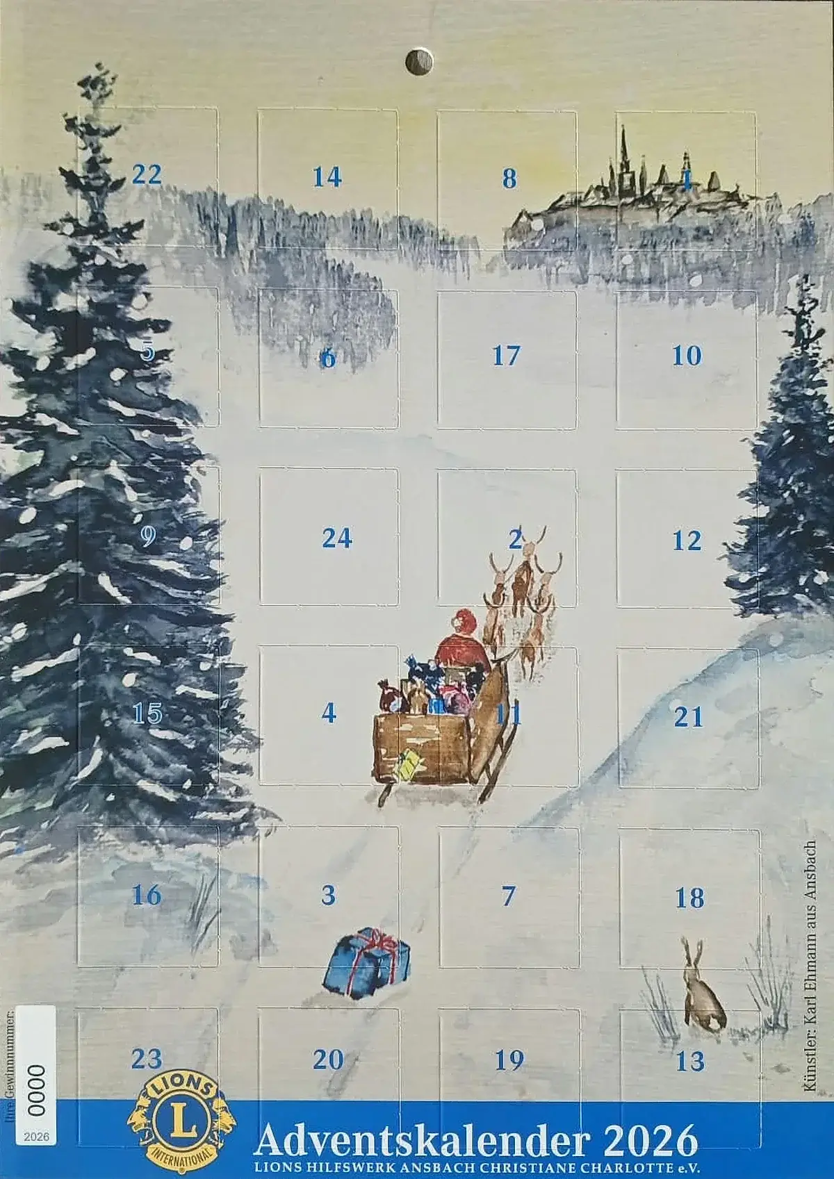 Vorderseite des Adventskalenders 2026 mit Winter-Aquarell von Karl Ehmann