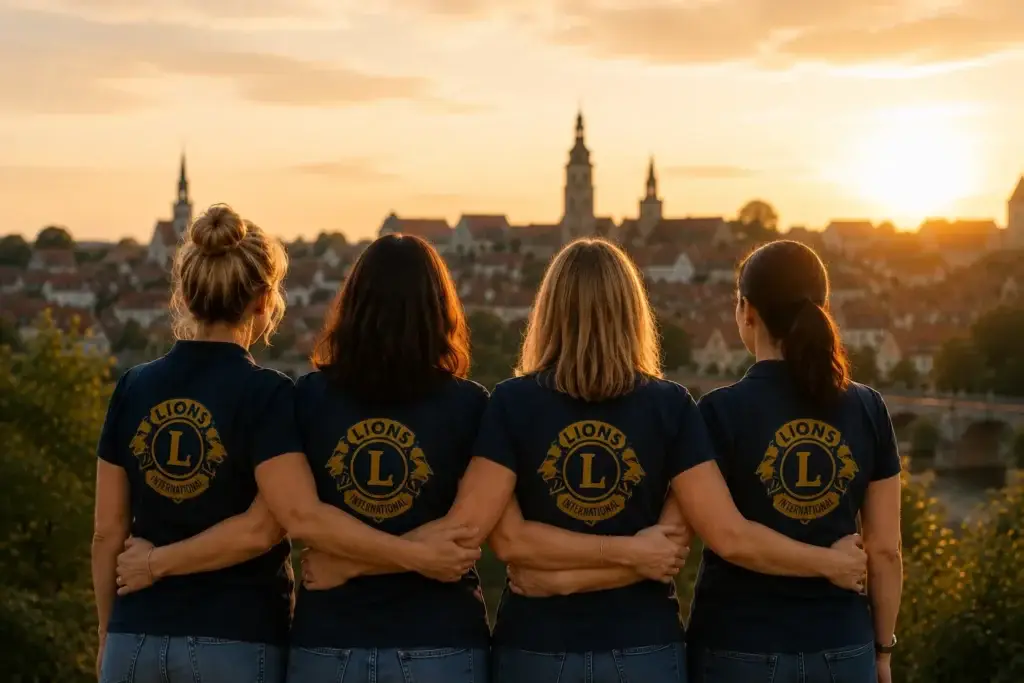 Mitglieder des Clubs Arm in Arm vor der Silhouette von Ansbach